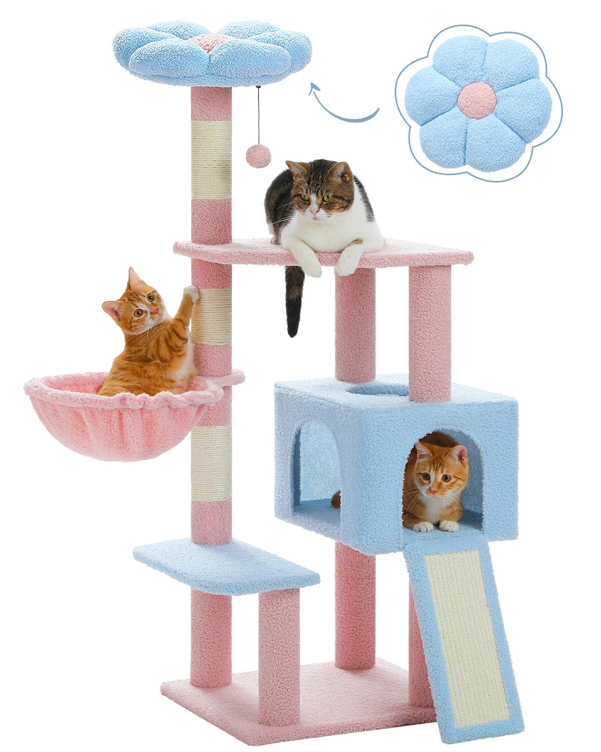Cat tree with multiple levels and a cat sitting on each level against a white background