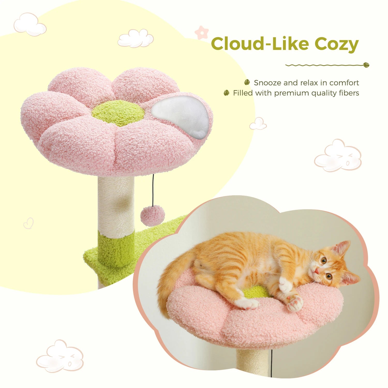 Flower-shaped pet bed with a cat on it, labeled 'Cloud-Like Cozy'.
