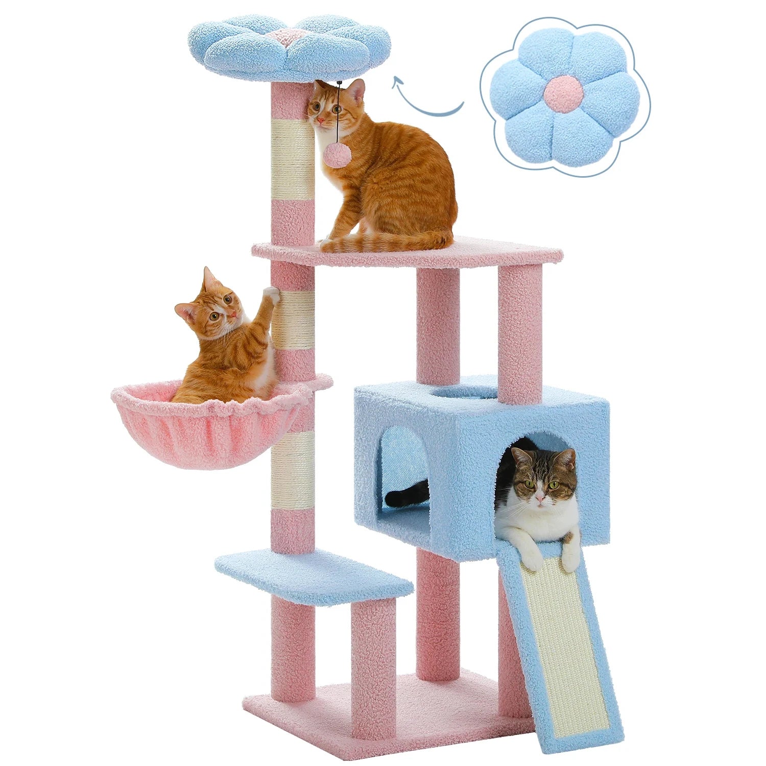 Cat tree with multiple levels and a flower-shaped cushion on a white background