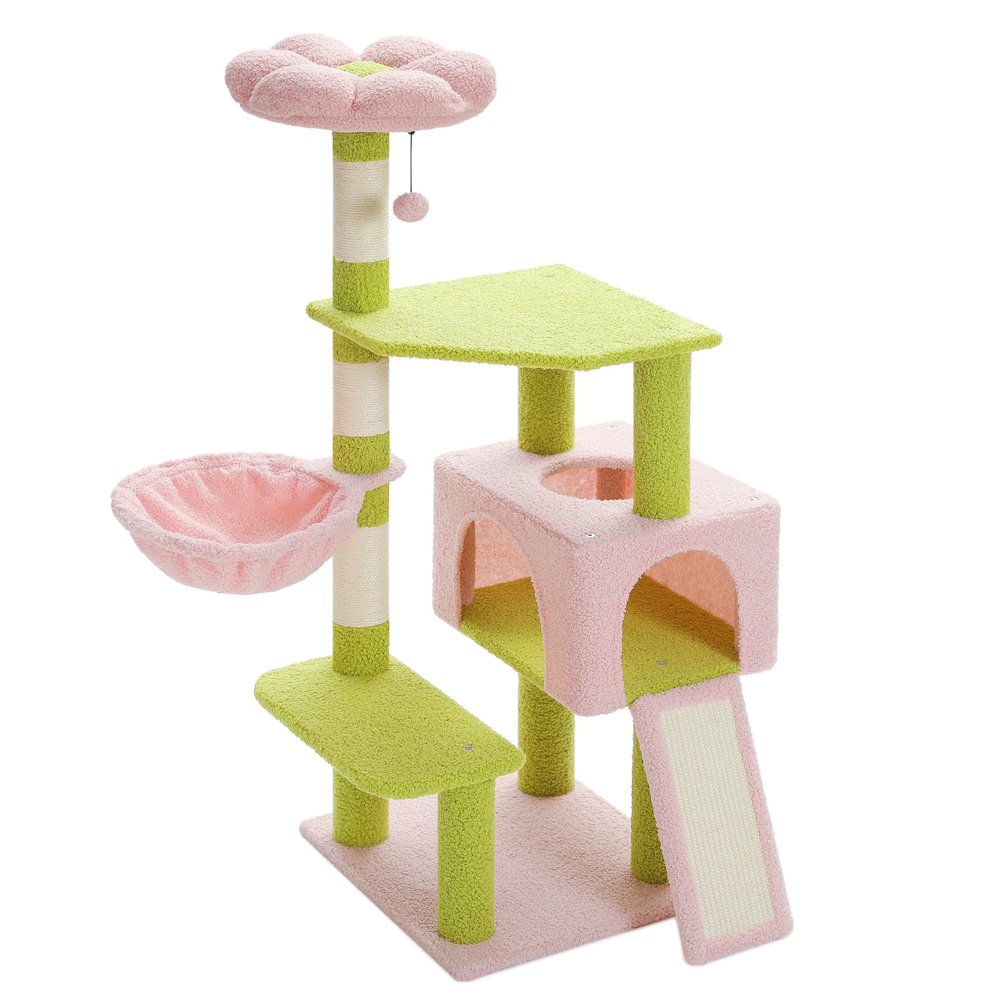 Pink and green cat tree with multiple levels and a hammock on a white background