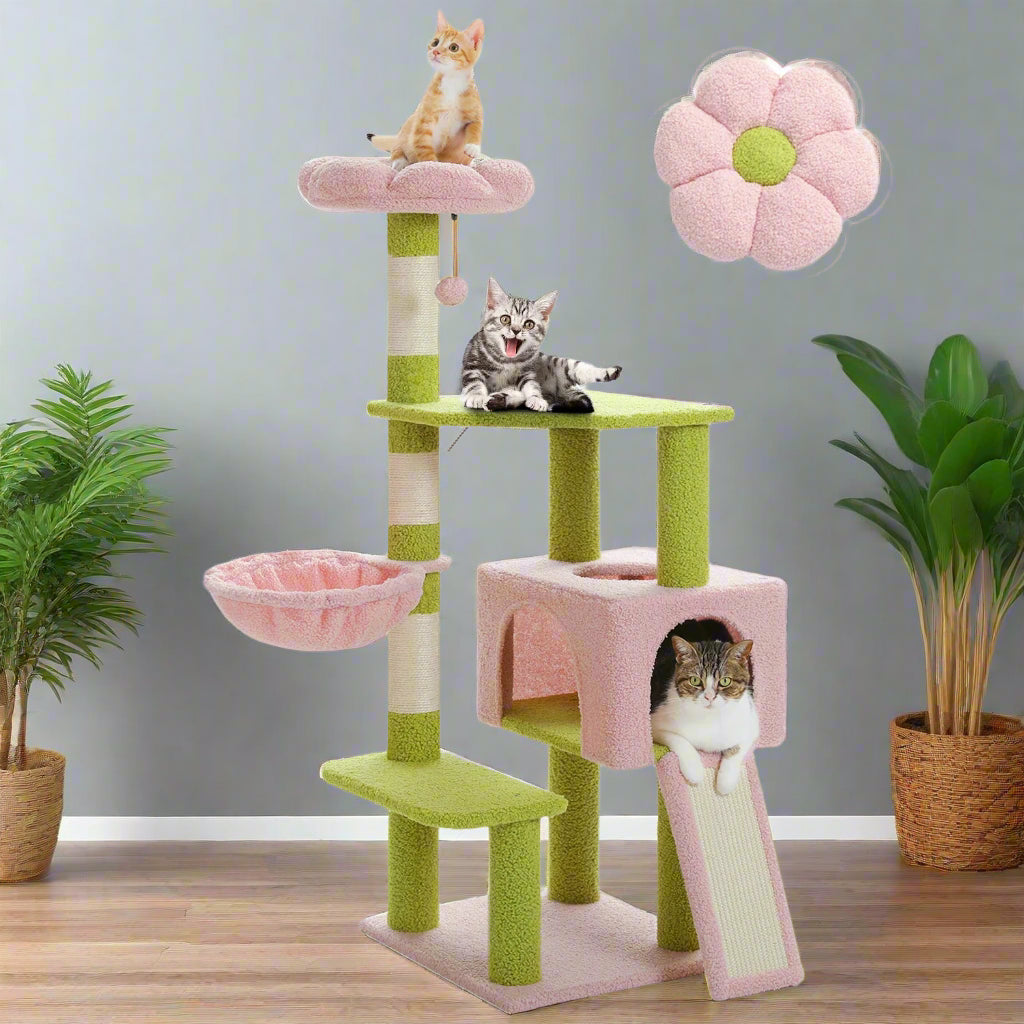 Cat tree with multiple levels and a pink flower decoration on a white background
