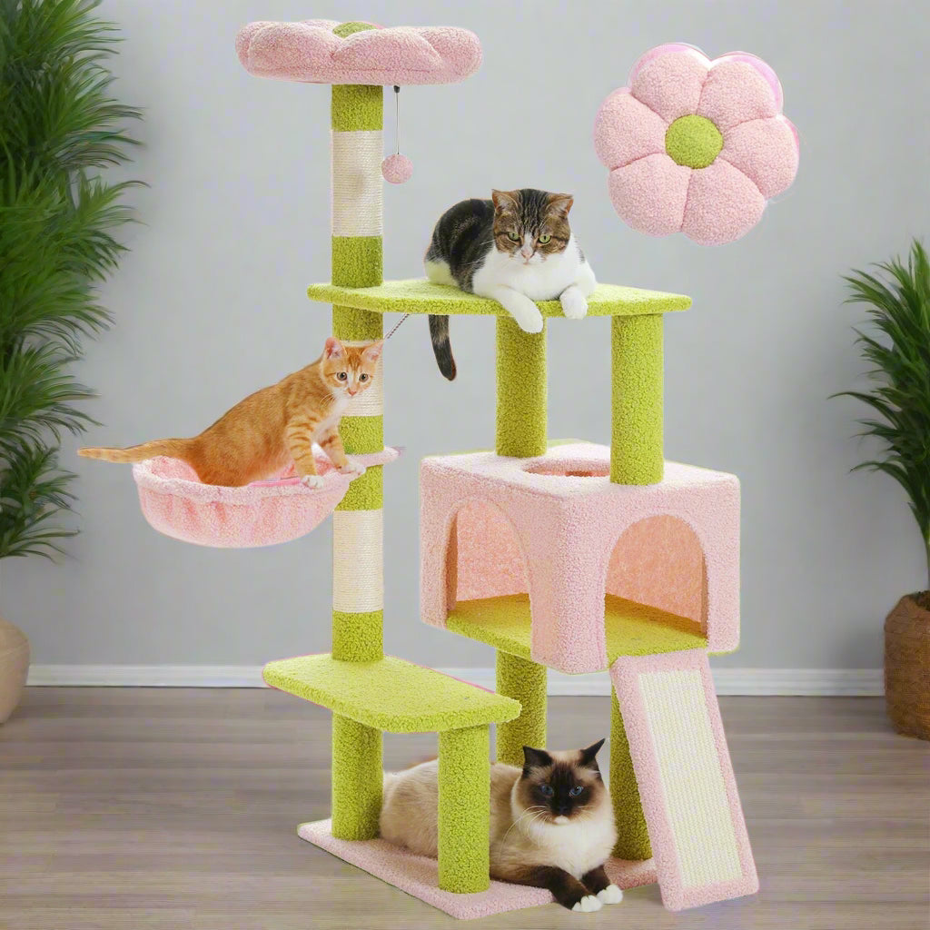 Cat tree with multiple levels and a flower-shaped perch on a white background