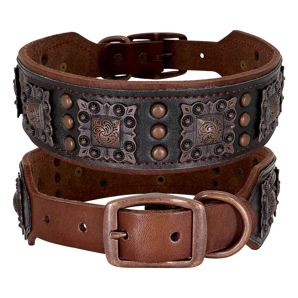 Two brown and black leather dog collars with decorative studs and patterns on a white background