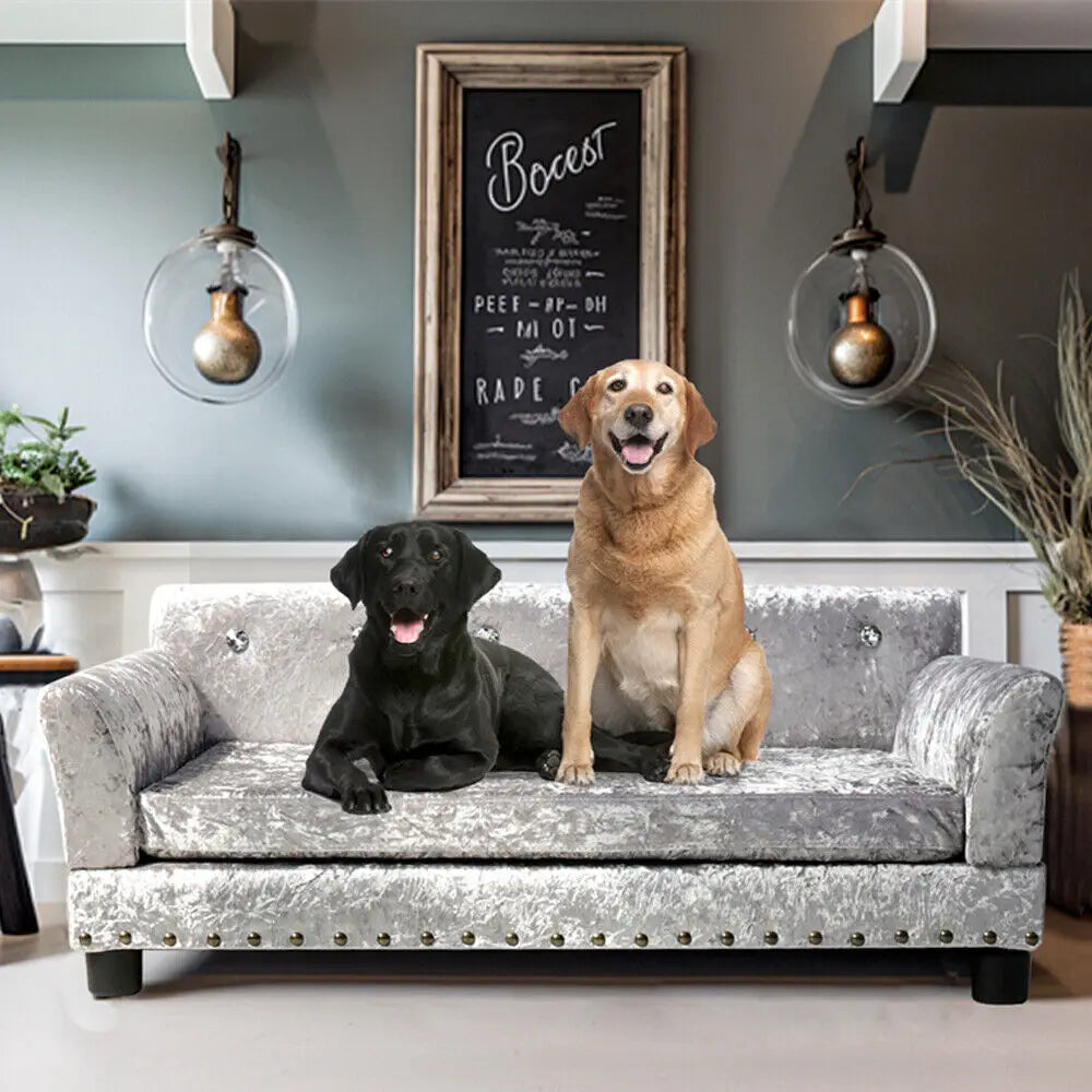 Crushed velvet Chesterfield dog sofa bed in silver grey - PoshPup VelvetThrone