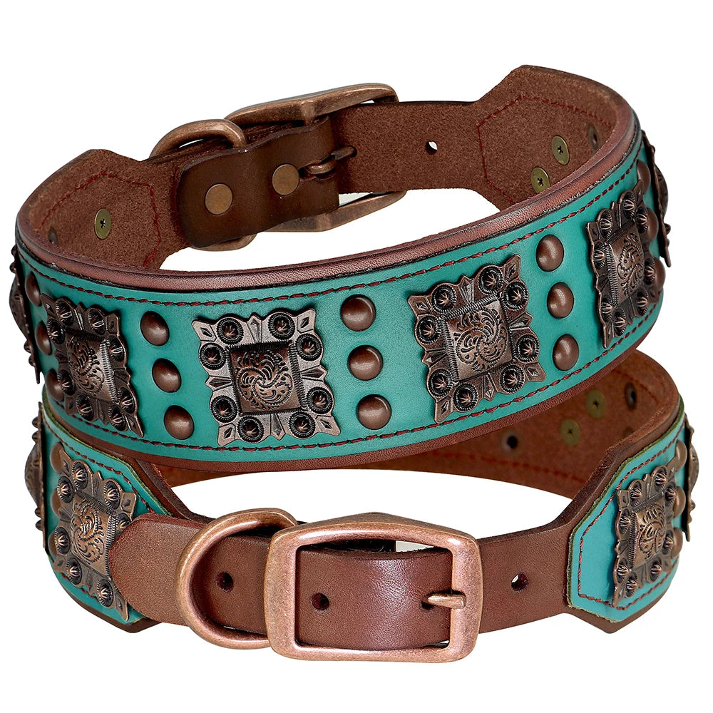 Turquoise and brown leather dog collar with decorative studs on a white background
