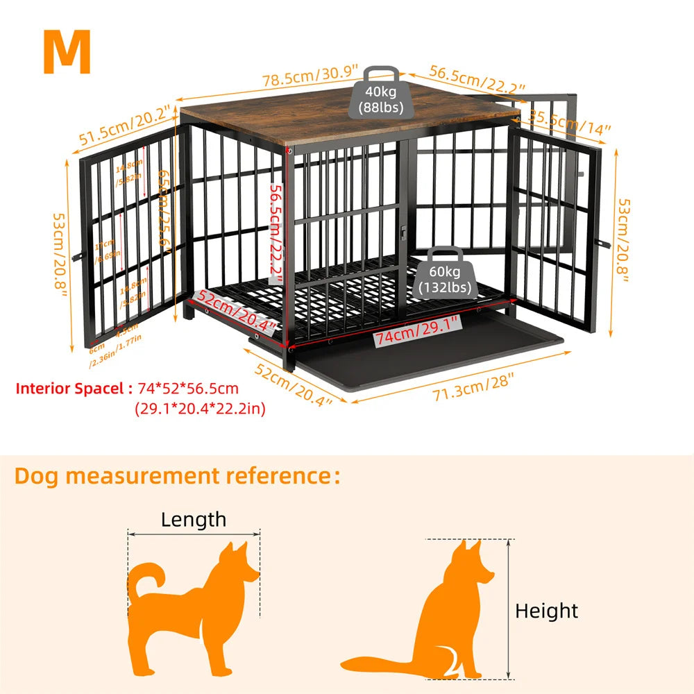 Dog crate with dimensions and weight capacity labels, featuring a wooden top.