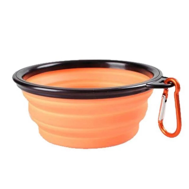 orange Portable Silicone folding Dog Bowl With Carabiner. - Sniff Waggle And Walk