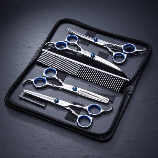 Open black zip case showing 5-piece pet grooming scissor set — curved, straight, thinning shears, steel comb.