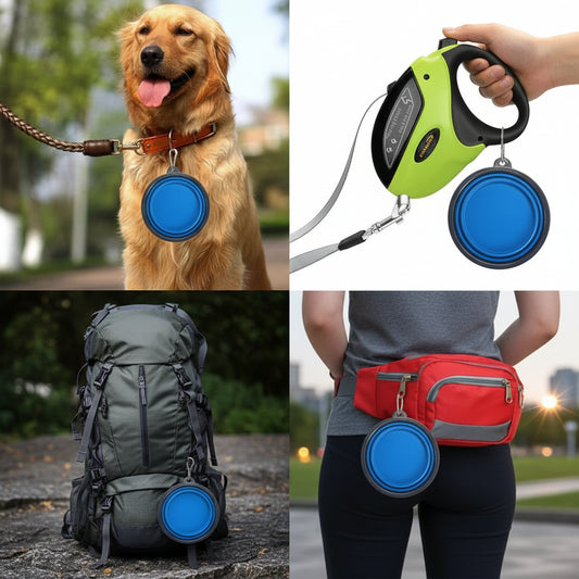 PawTrek travel bowl clipped by carabiner to a dog lead, shown ready to use on a walk.