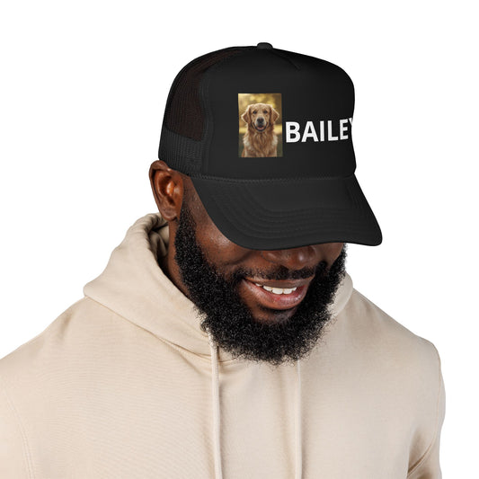 Navy personalized dog trucker hat with custom pet photo and name, front view
