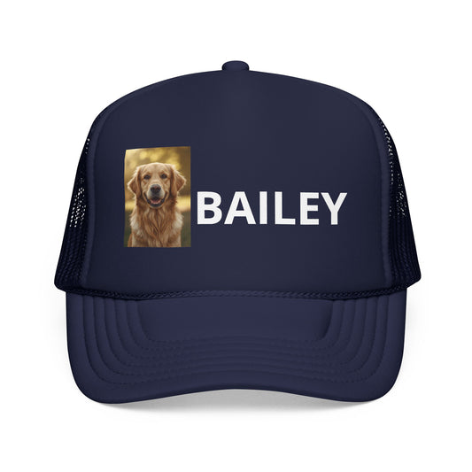 Woman wearing personalized dog trucker hat with custom pet photo