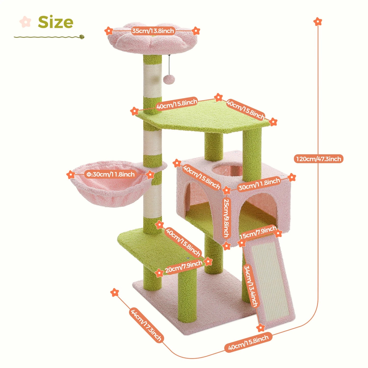 Cat tree with dimensions labeled on a white background