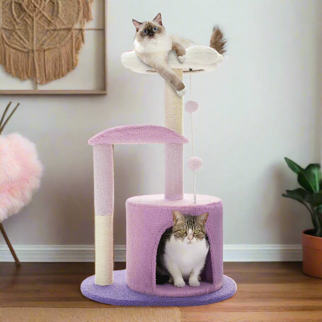 Cat tree with two cats on a white background