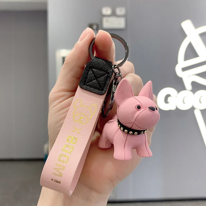 pink white Fashion Punk French Bulldog Keychain: Stylish PU Leather Dog Keychain. - Sniff Waggle And Walk