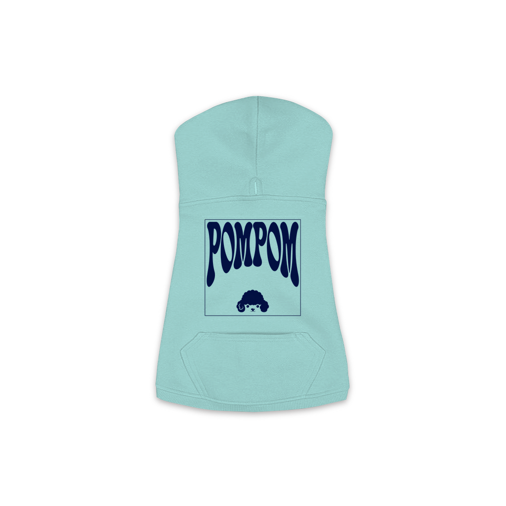 Pom Pom Hoodie in Saltwater, size S, bold wordmark design