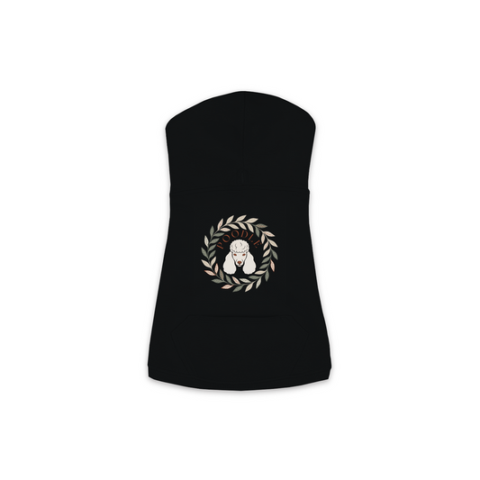 Poodle dog hoodie in Black — boho-inspired print on cosy fleece pullover, size M