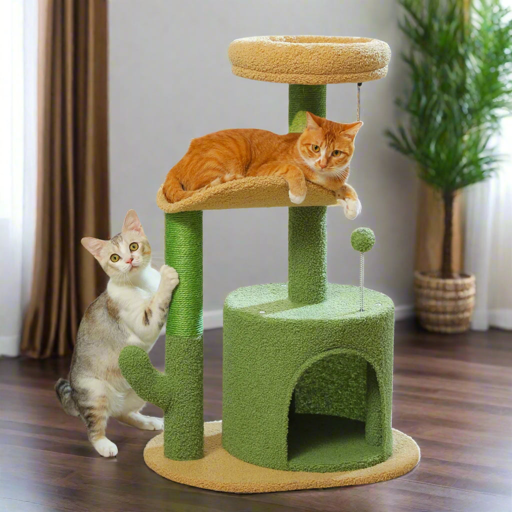 Two cats on a green and beige cat tree with 'PAW ROAD' branding.