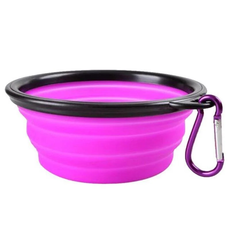 purple frisby Portable Silicone folding Dog Bowl With Carabiner. - Sniff Waggle And Walk