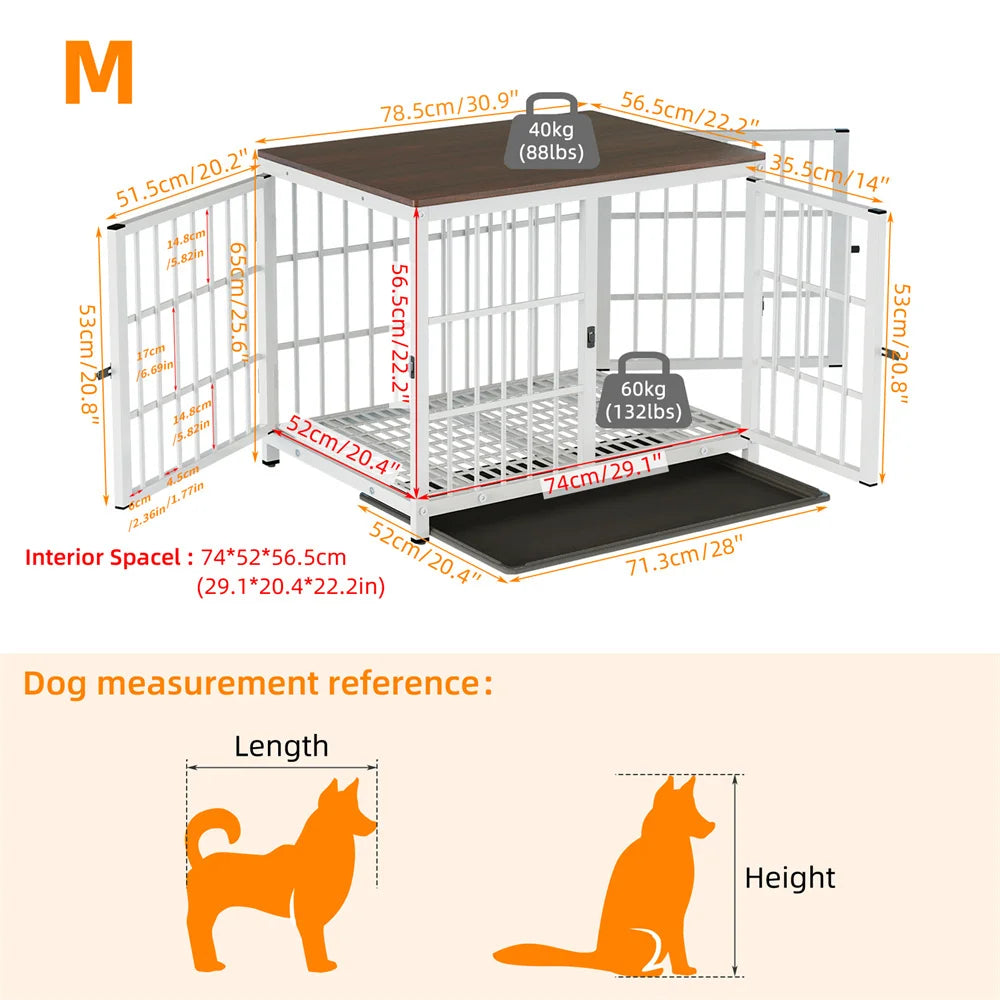 Dog crate with dimensions and weight capacity labels, featuring a measurement reference of a dog.