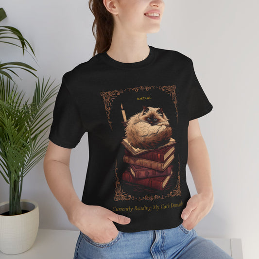 Ragdoll cat dark academia t-shirt worn by man - bookish cat lover tee