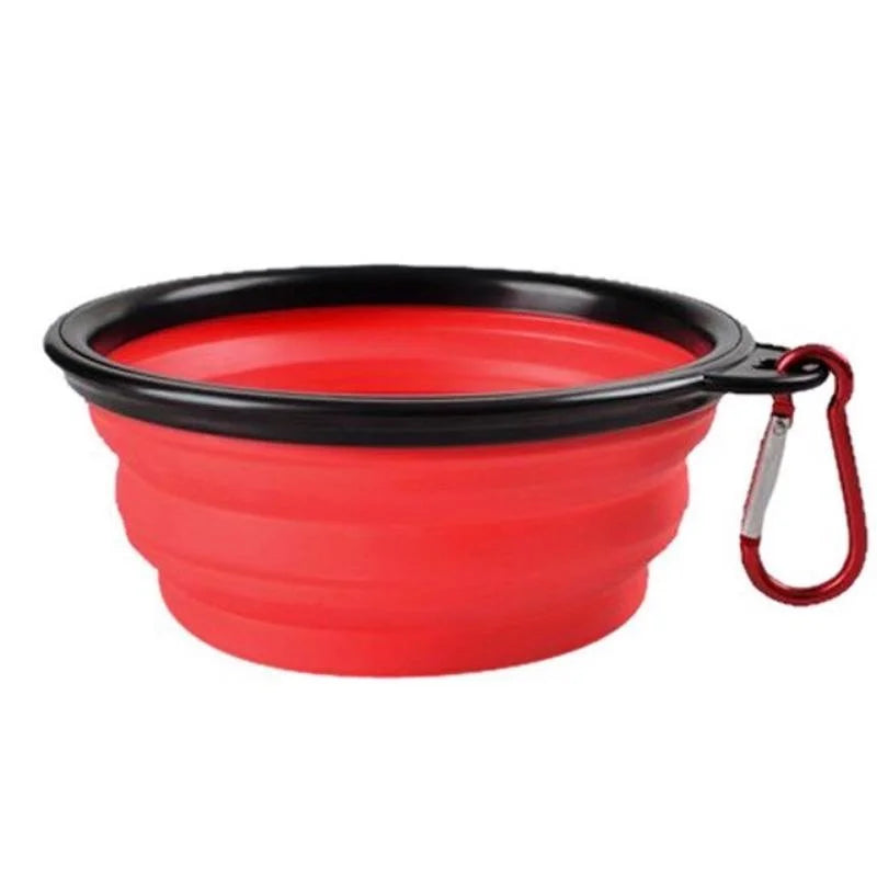 red frisby Portable Silicone folding Dog Bowl With Carabiner. - Sniff Waggle And Walk