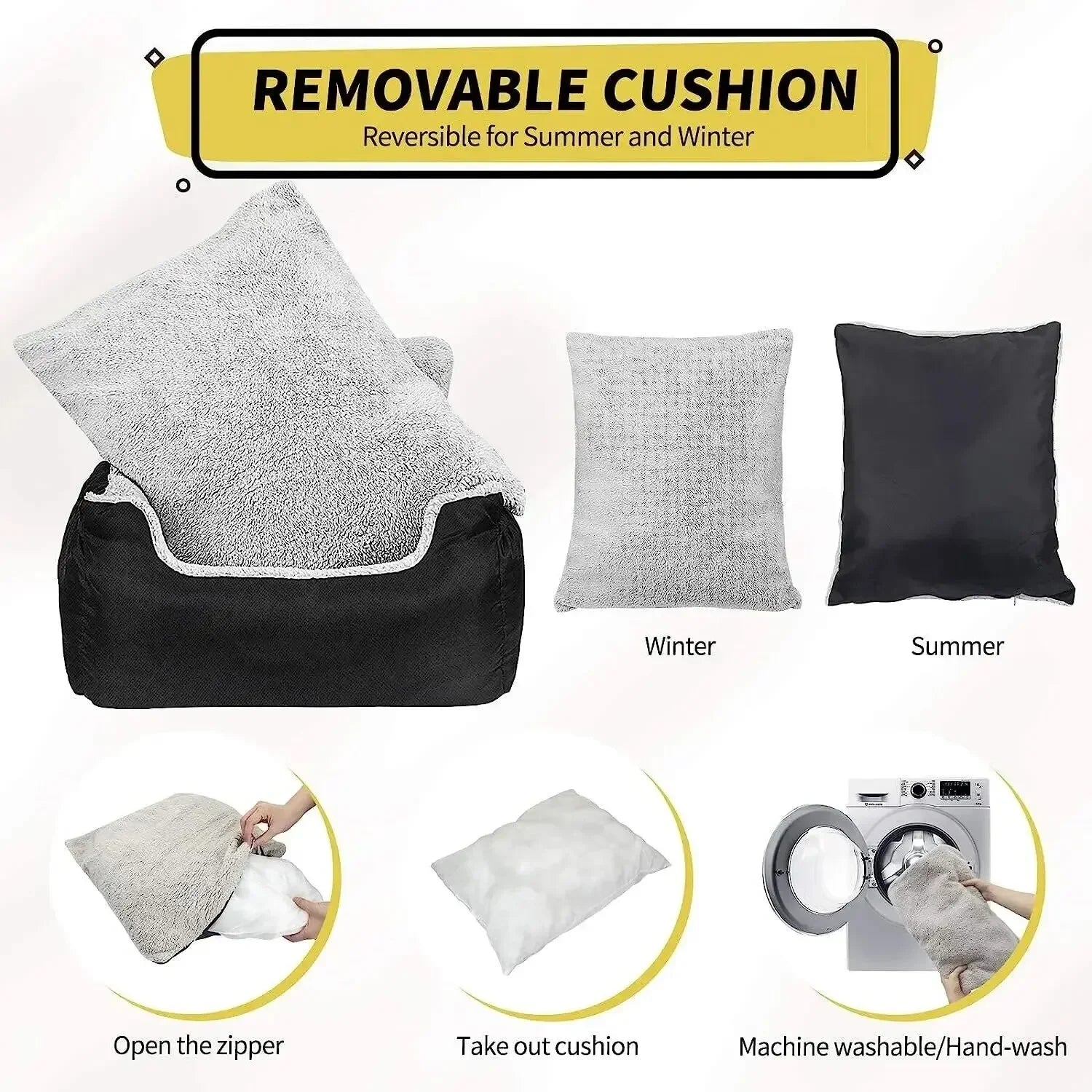 Removable cushion with reversible design for summer and winter, showing usage instructions.