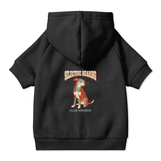 Selective Hearing Club Member Dog Hoodie in Black, back view — SniffWaggleNWalk™