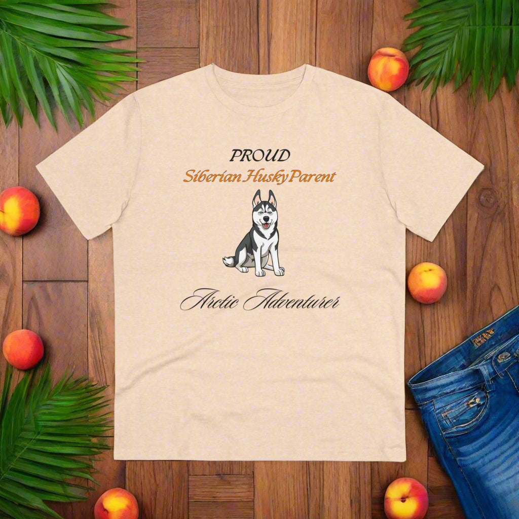 PROUD SIBERIAN HUSKY PARENT "Atlantic Adverturer" Organic T-shirt - Unisex - Sniff Waggle And Walk peachey colour