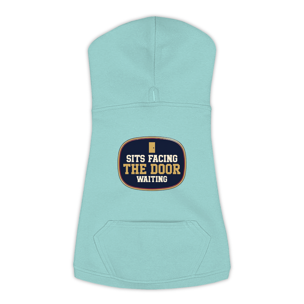 Sits Facing The Door funny dog hoodie in saltwater blue, sizes L to 3XL