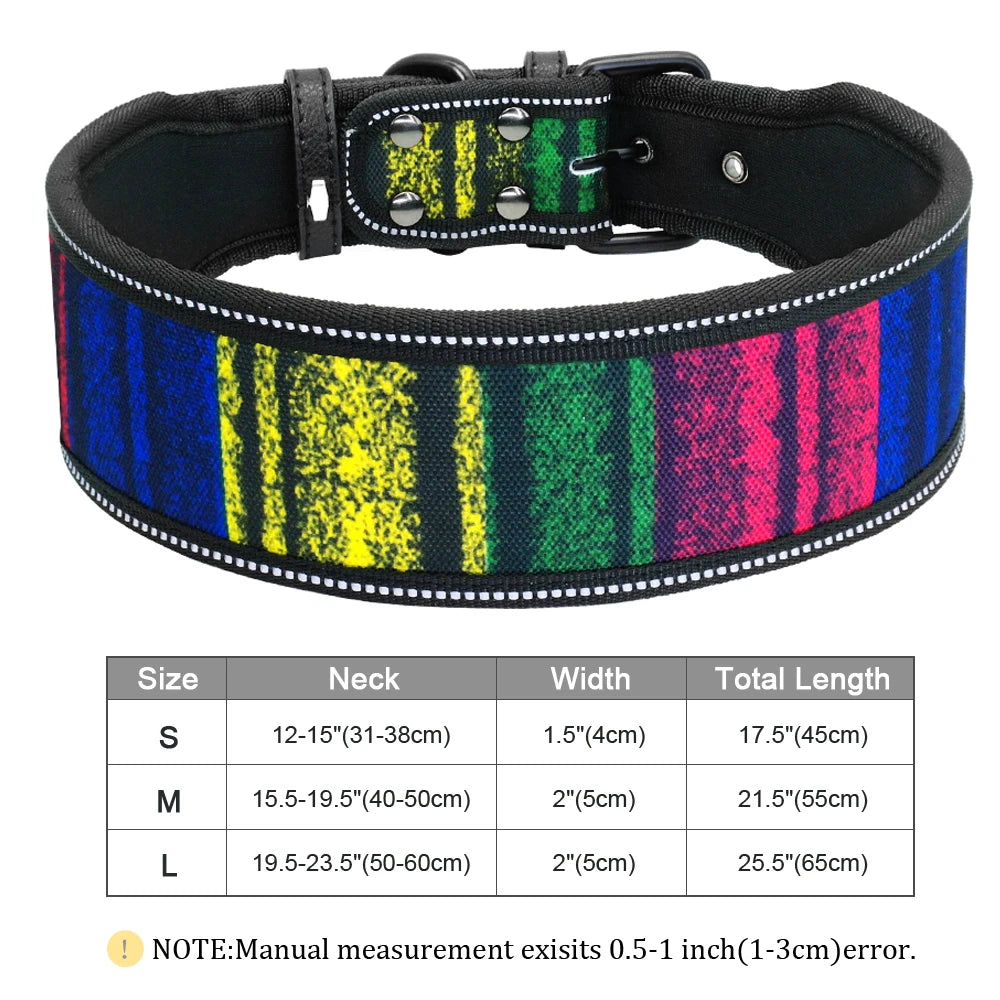 Colorful dog collar with size chart on a white background