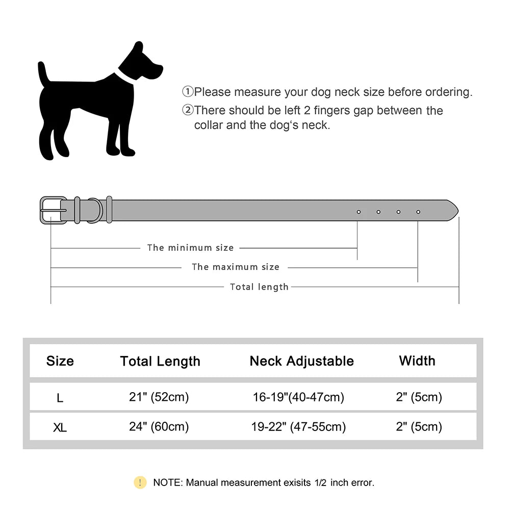Measurement chart for dog collars with a silhouette of a dog and instructions.