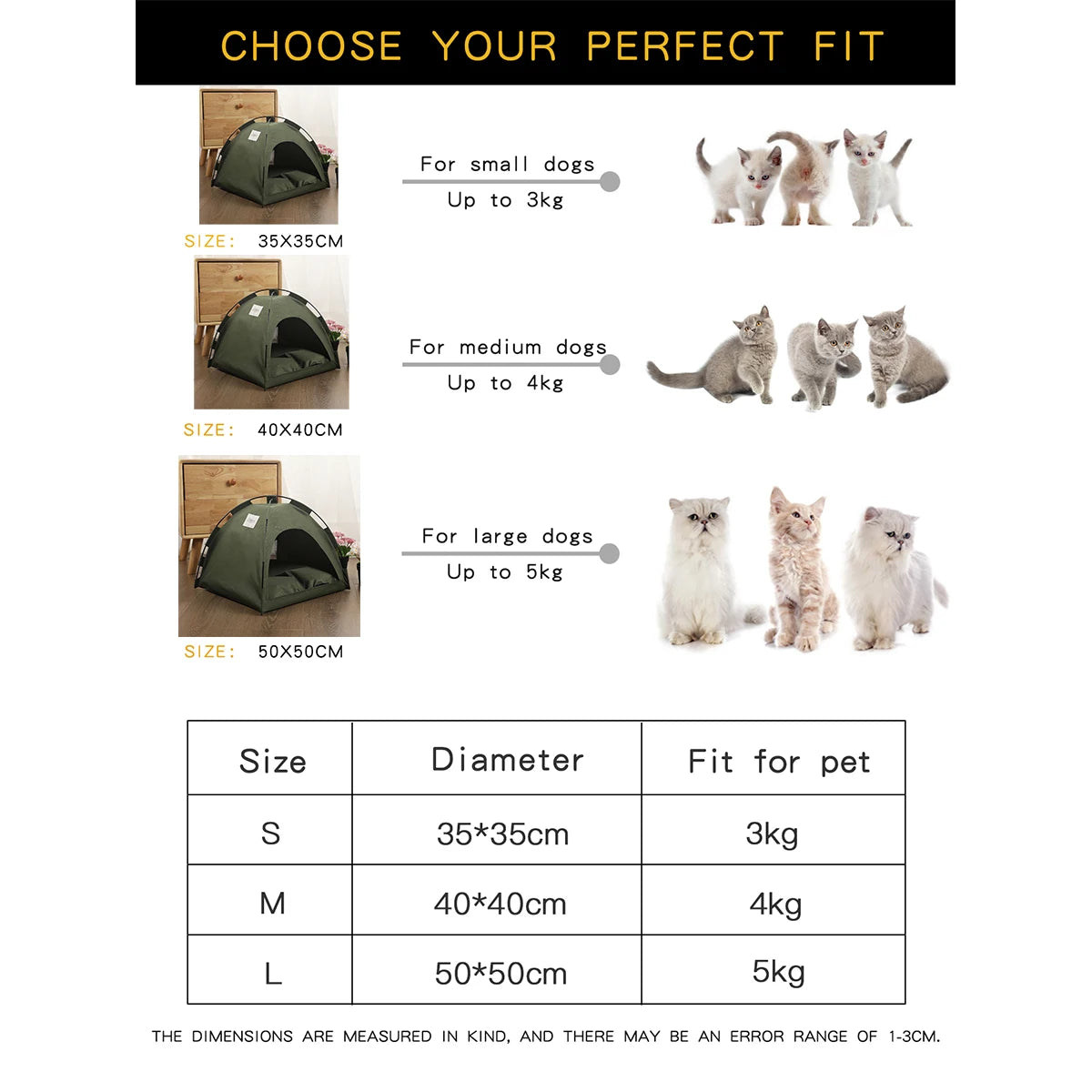 Pet tent size chart with dimensions and weight capacity for small, medium, and large pets.