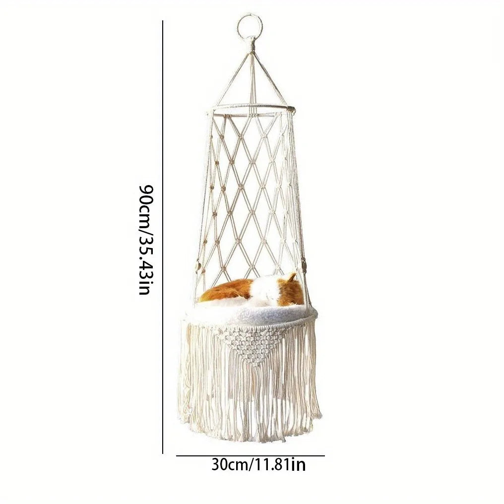 Hanging macrame chair with dimensions on a white background
