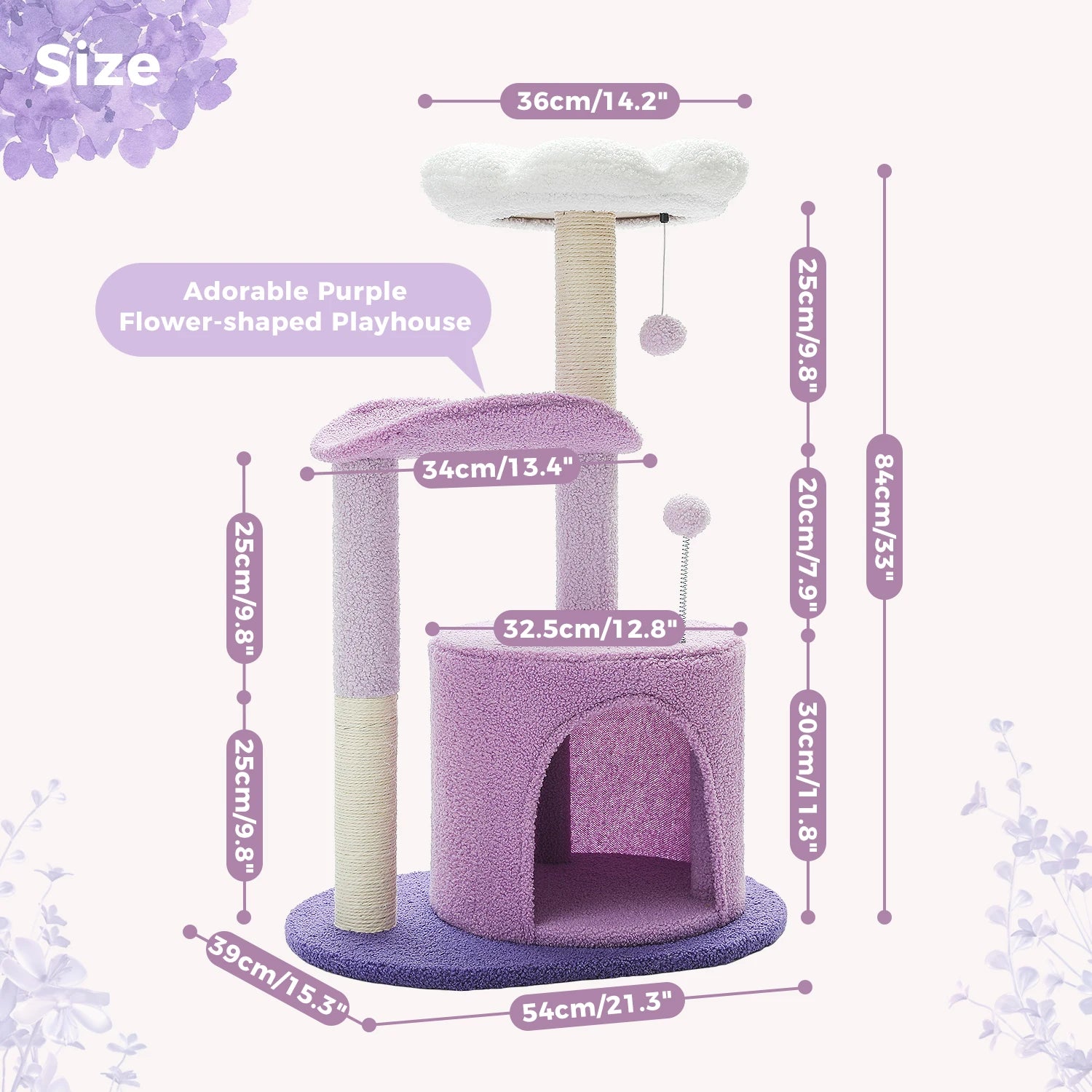 Purple cat playhouse with measurements on a white background