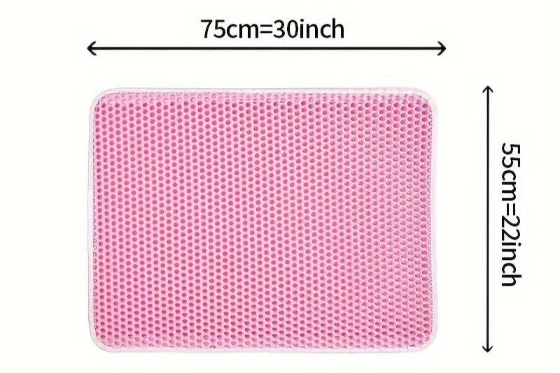 Pink cat litter mat with measurements on a white background