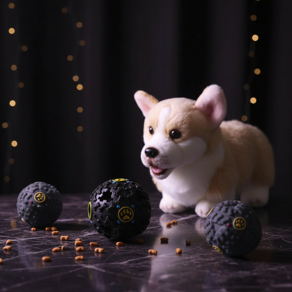 Fluffy dog sniffing PoshPup TreatBall slow feeder treat dispensing toy on floor