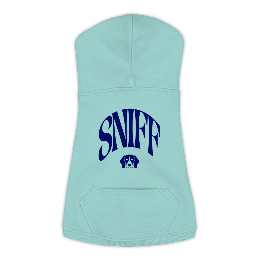 Sniff Hoodie in Saltwater, size L, bold SNIFF wordmark graphic with Beagle icon