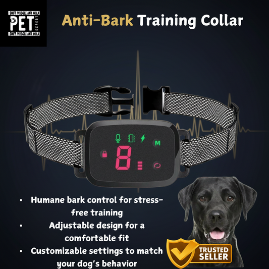 SmartBark™ anti-bark collar on black mesh strap showing LED display with mode and intensity level indicators