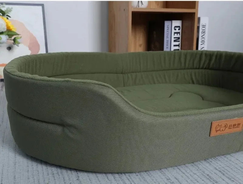 Green pet bed with a label on a surface, text about pet care experience above.
