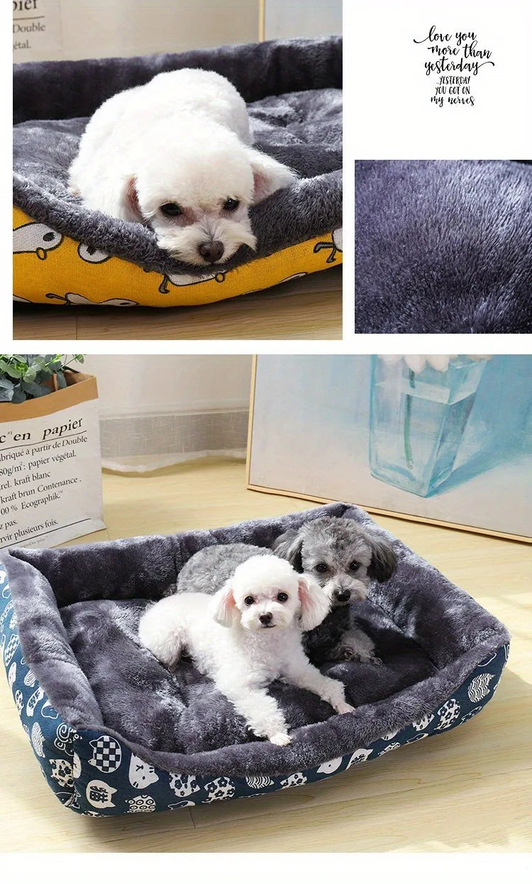 Collage of a dog lying on a patterned pet bed with close-up details of the fabric.