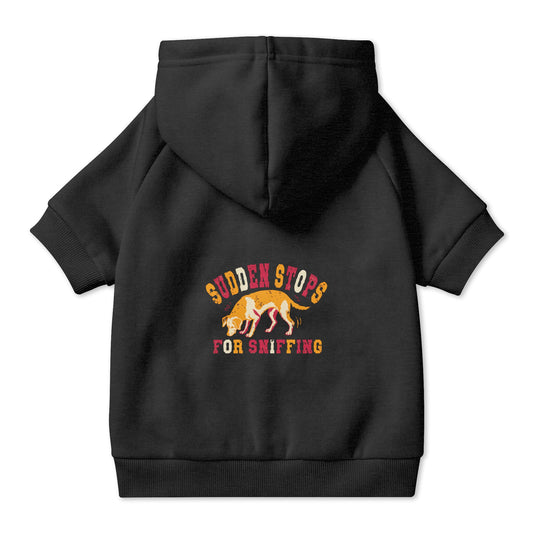 Sudden Stops for Sniffing Dog Hoodie in Black, back view — SniffWaggleNWalk™