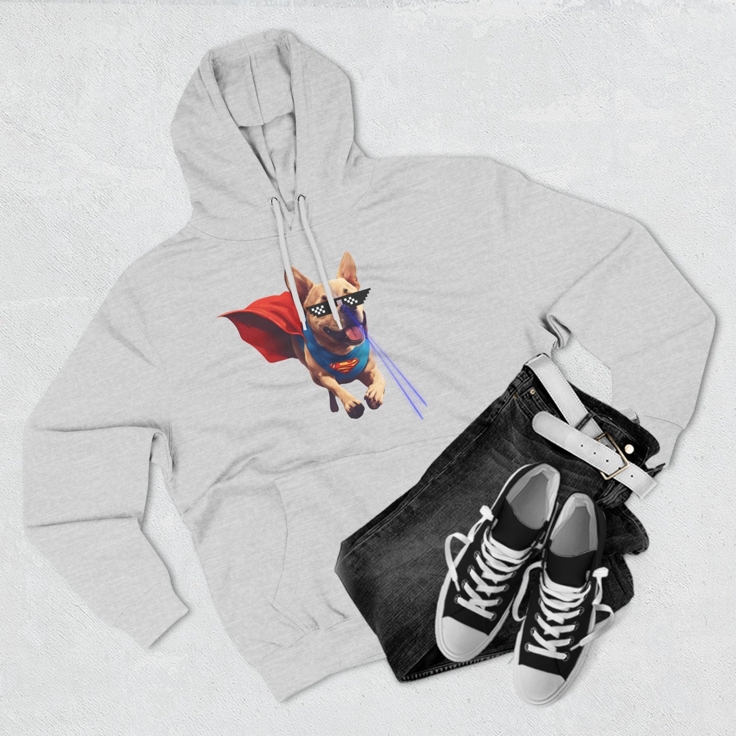 "Super Dog" Three panel Fleece Hoodie - Sniff Waggle And Walk gray