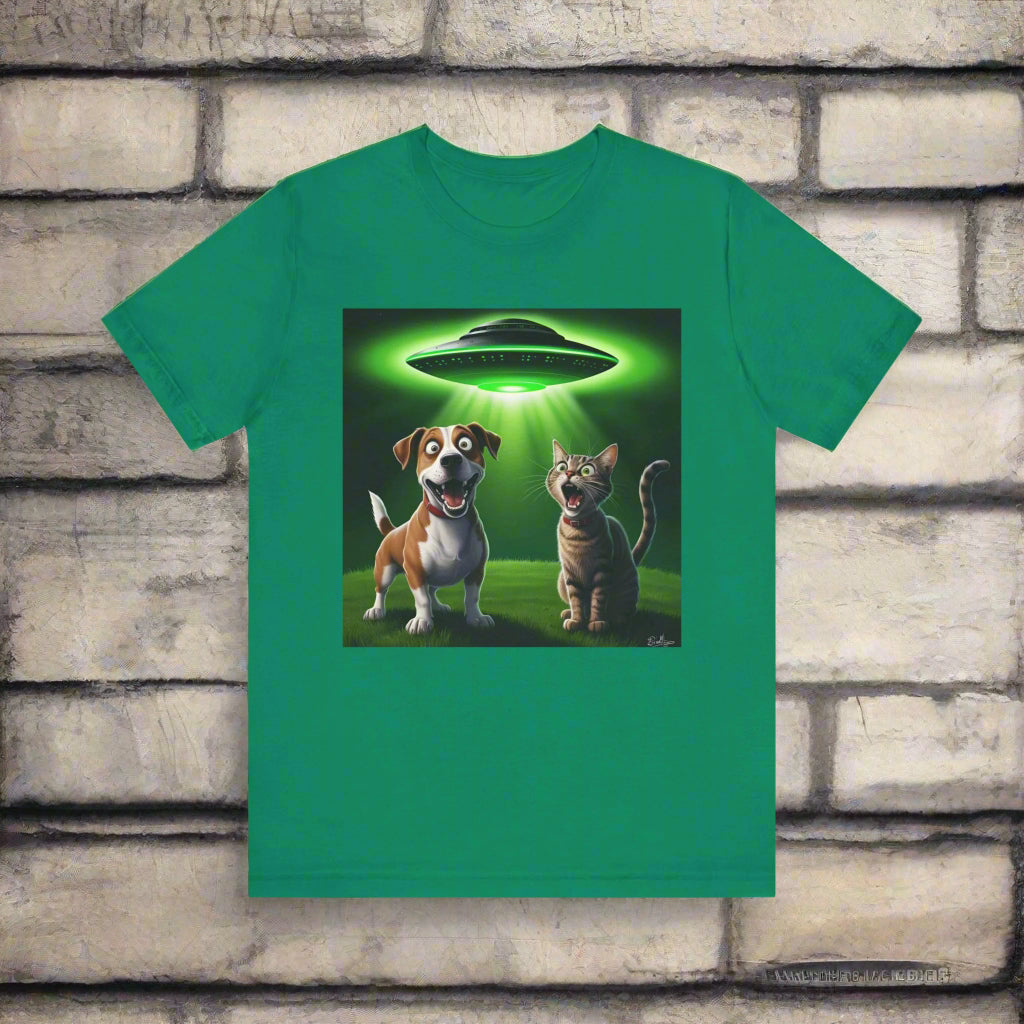 The Truth is Meowt There UFO cat and dog t-shirt in green, alternate view