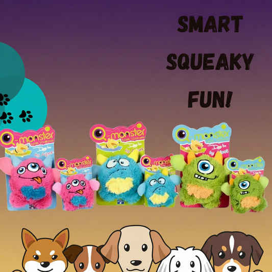 Q-Monster squeak smart balls range — green, blue and pink monster characters in Small and Large sizes