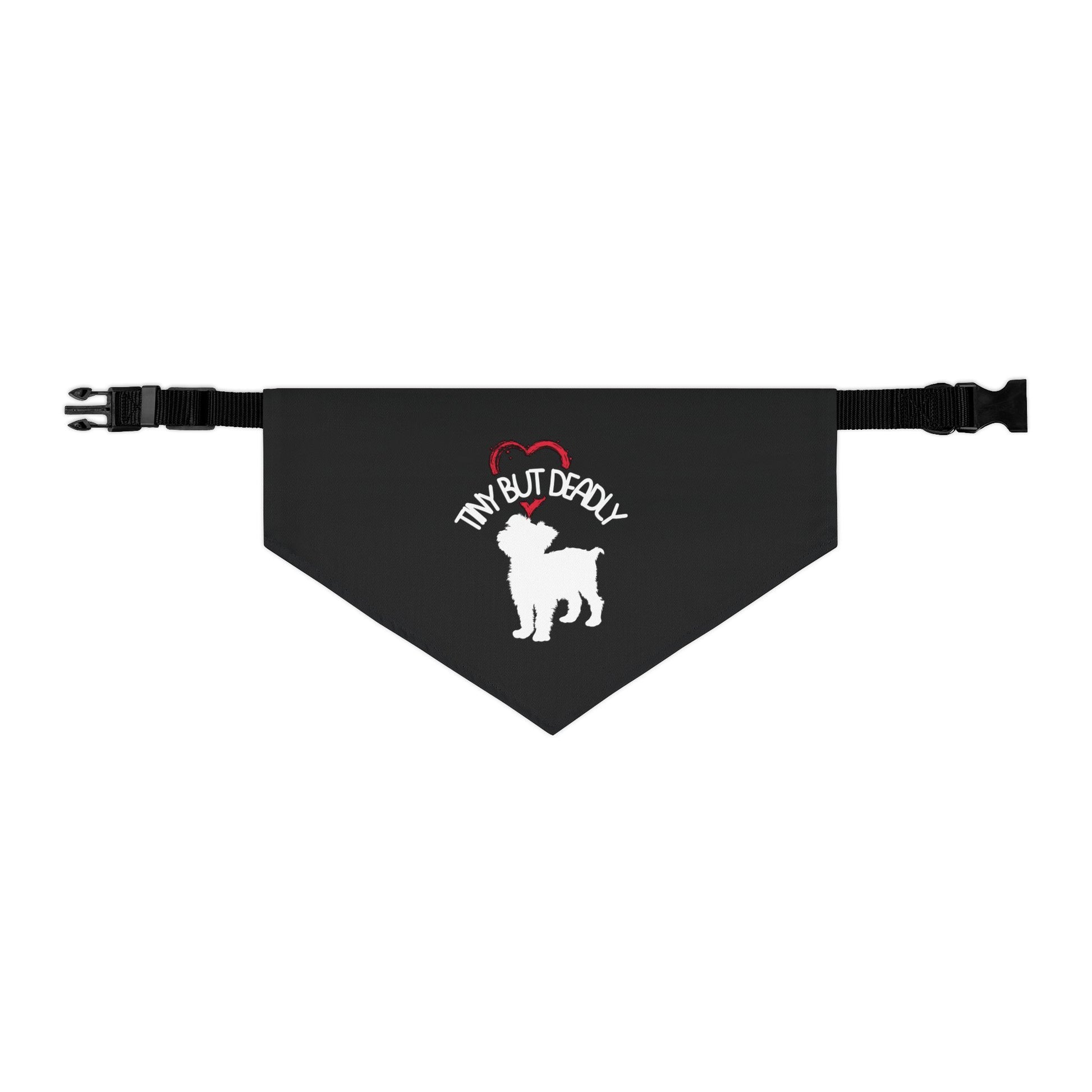 Black dog bandana with 'tiny but deadly written on it' text and bulldog graphic on a white background