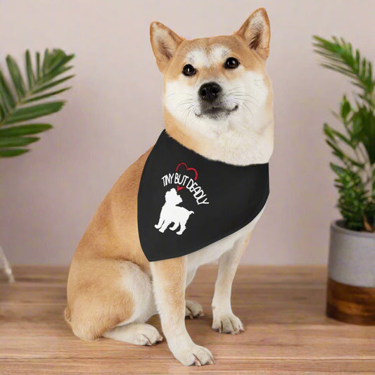 Dog wearing a black bandana with text and a heart design on a white background tiny but deadly funy design