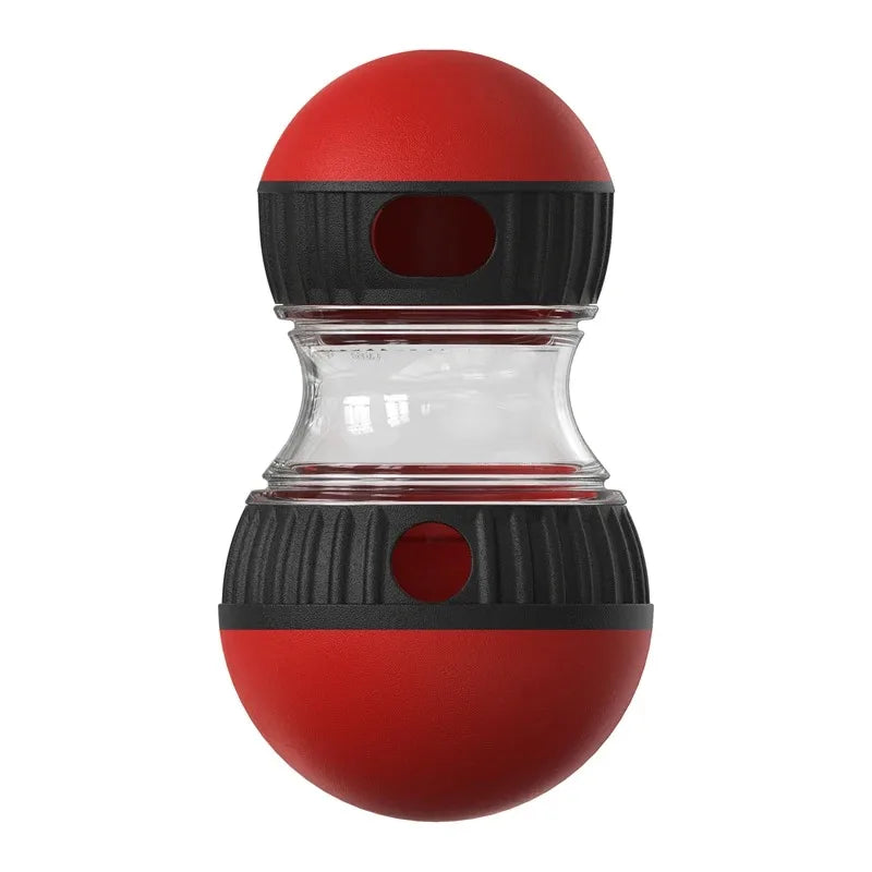 Red and black peanut treat dispensing dog toy, slow feeder wobble ball with central kibble reservoir and side dispense holes.