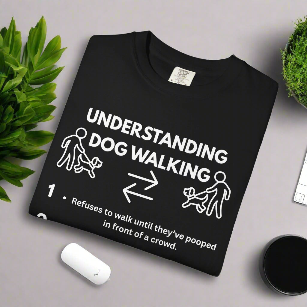 black folded tshirt understanding dog walking