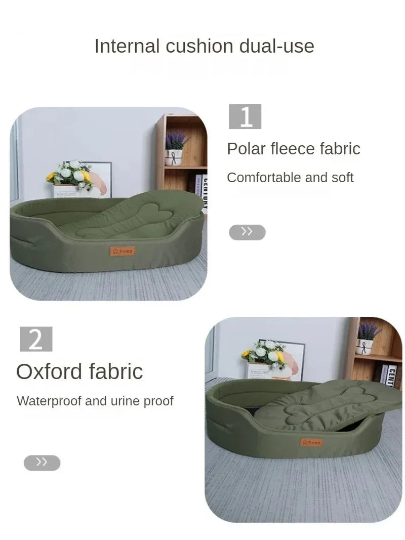 Green pet bed with internal cushion dual-use feature on a white background