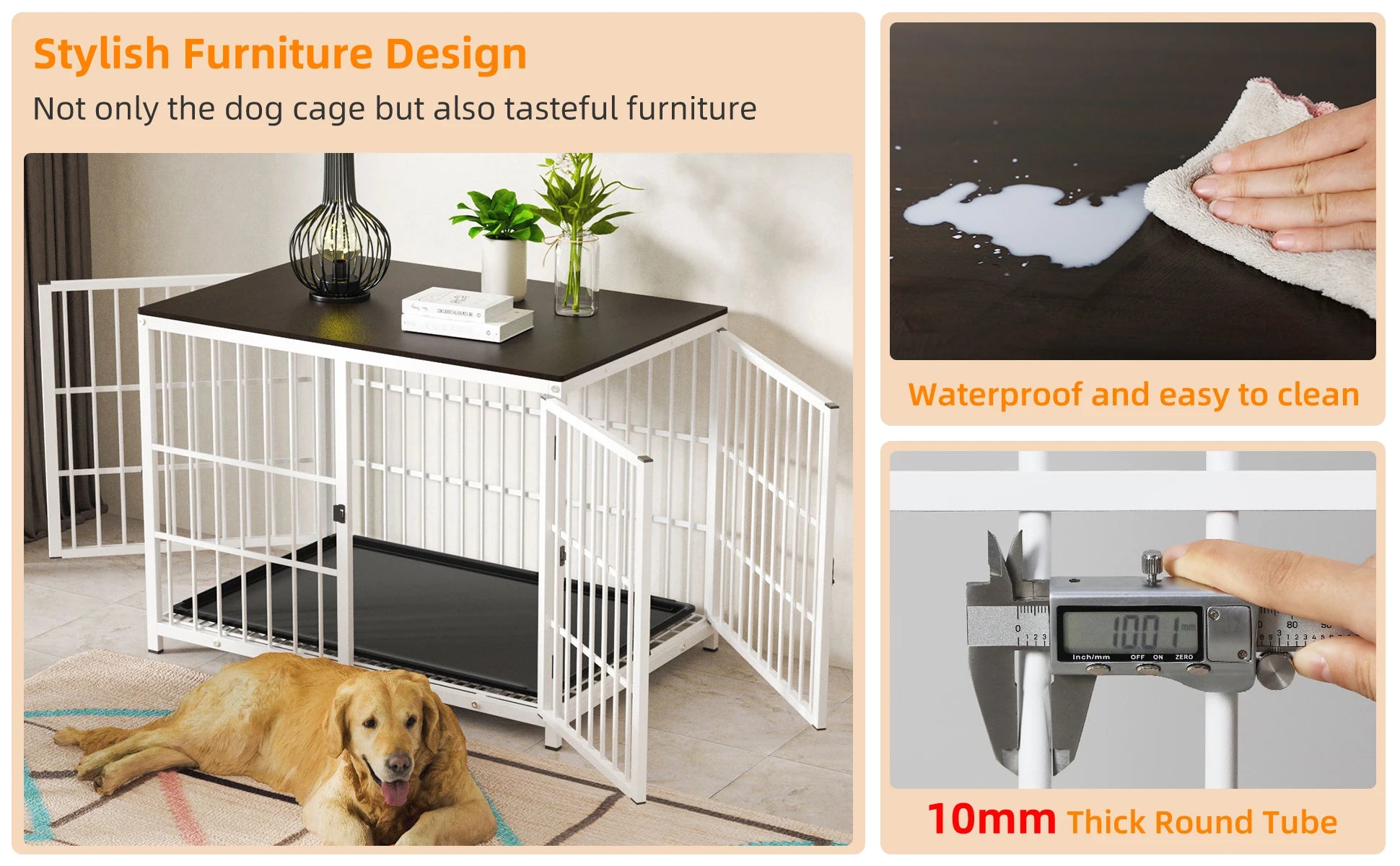 Stylish furniture design with a dog cage, waterproof feature, and thick round tube material.